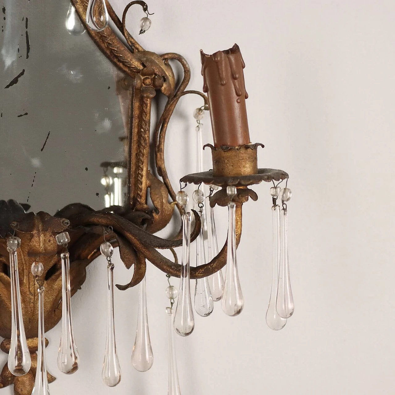 Pair of metal and glass wall lights with mirror, early 20th century 6
