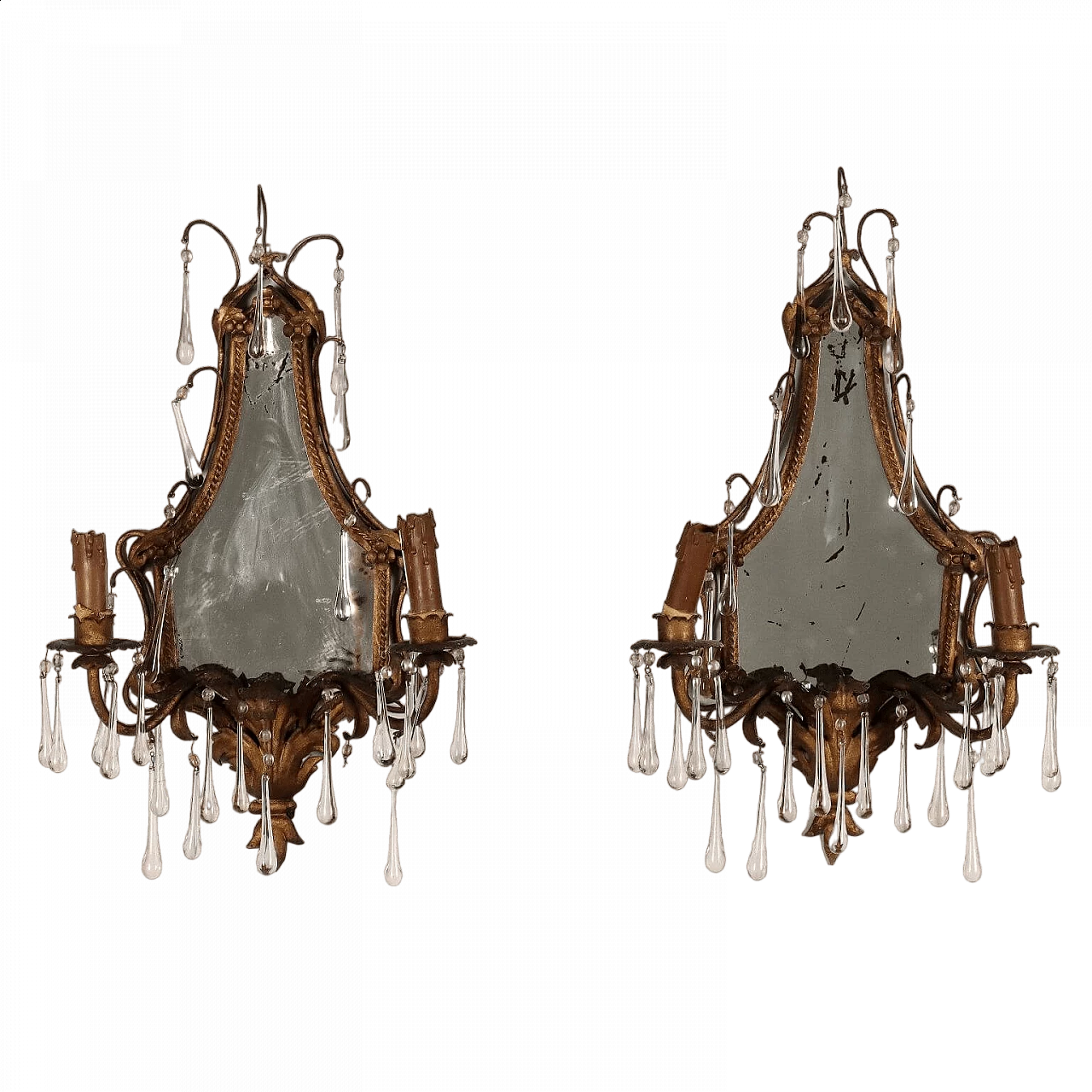 Pair of metal and glass wall lights with mirror, early 20th century 10
