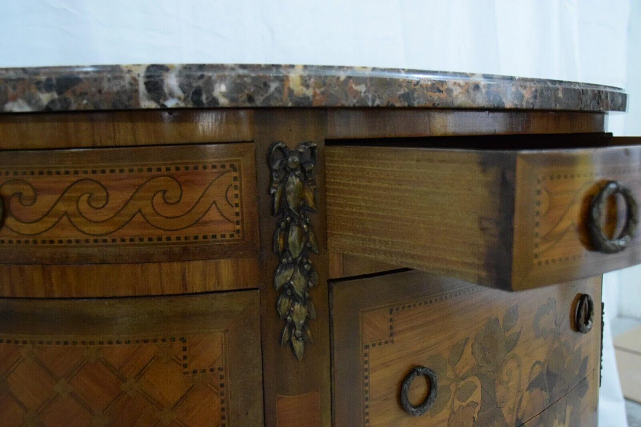 Comò stile Luigi XVI in legno intarsiato e marmo Saint Jean Fleury, fine '800 8