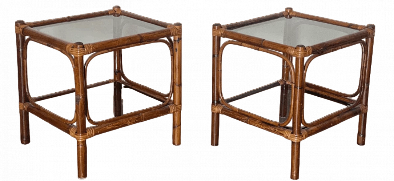 Pair of bamboo coffee tables with smoked glass top, 1970s 10