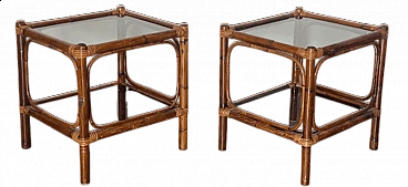 Coppia di tavolini in bambù con piano in vetro fumè, anni '70
