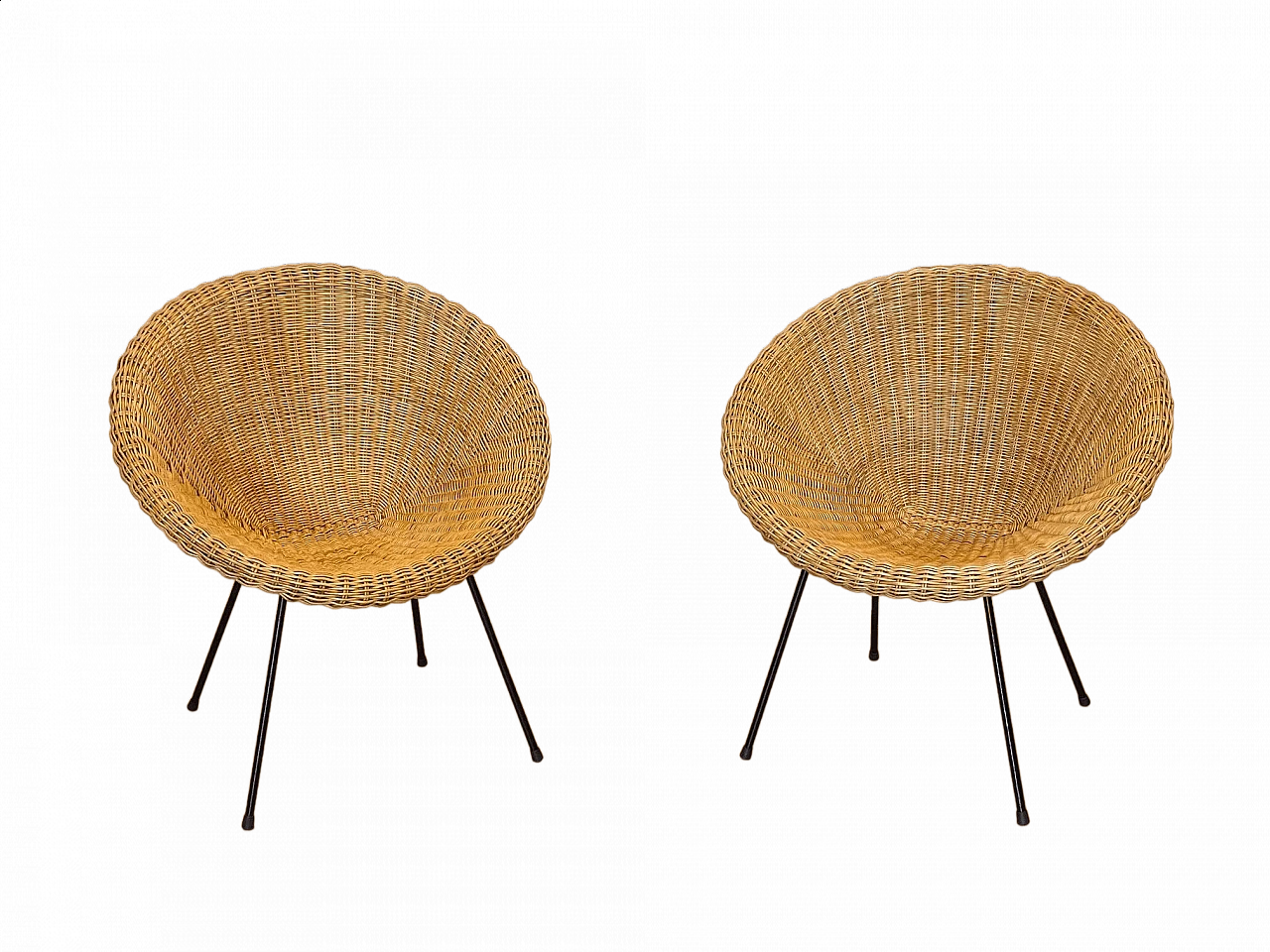 Pair of wicker armchairs with black lacquered iron frame, 1960s 16