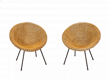 Pair of wicker armchairs with black lacquered iron frame, 1960s