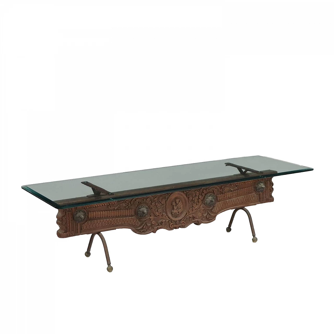 Tavolino con base intagliata antica e piano in cristallo 1