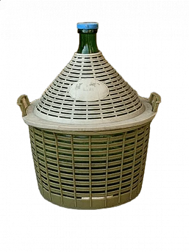 Damigiana ungherese in vetro verde con cesto in plastica, anni '50