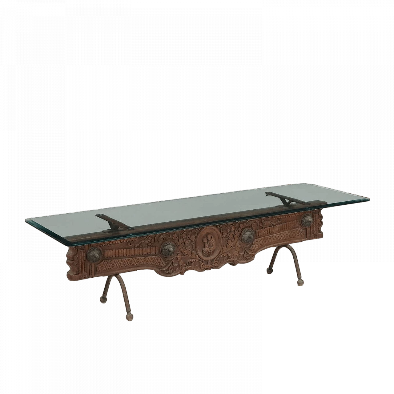 Tavolino con base intagliata antica e piano in cristallo 11