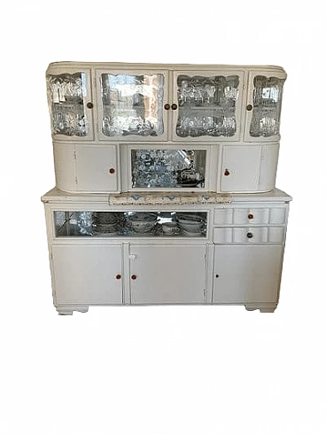 Credenza doppio corpo Art Déco in legno bianco e vetro, anni '20