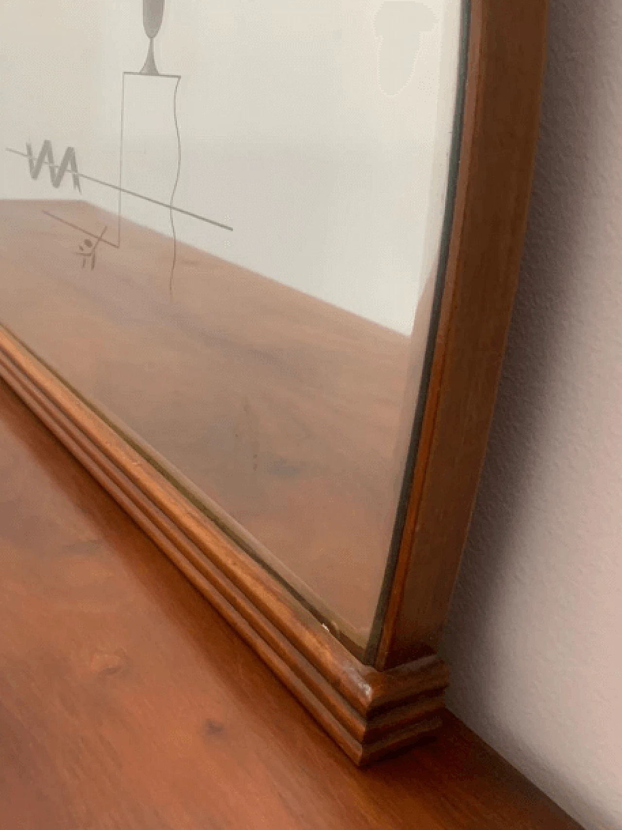 Specchio a mezzaluna in noce con vetro decorato, anni '40 10