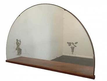Specchio a mezzaluna in noce con vetro decorato, anni '40