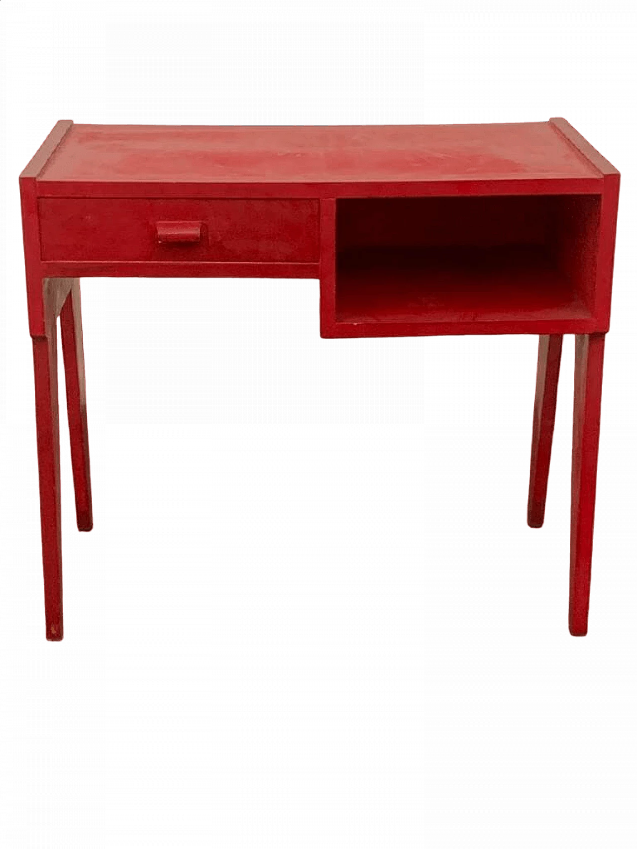 Scrittoio laccato rosso con cassetto e vano a giorno, anni '50 15