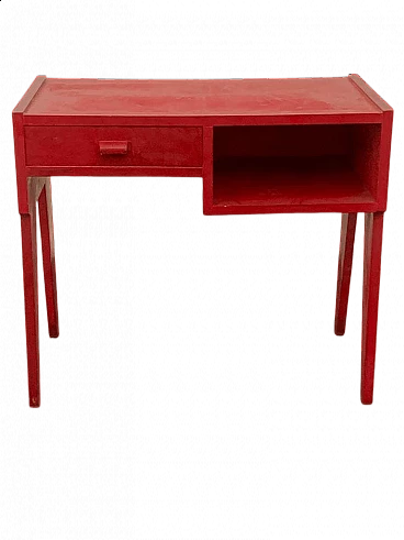 Red lacquered writing desk with drawer and open compartment, 1950s