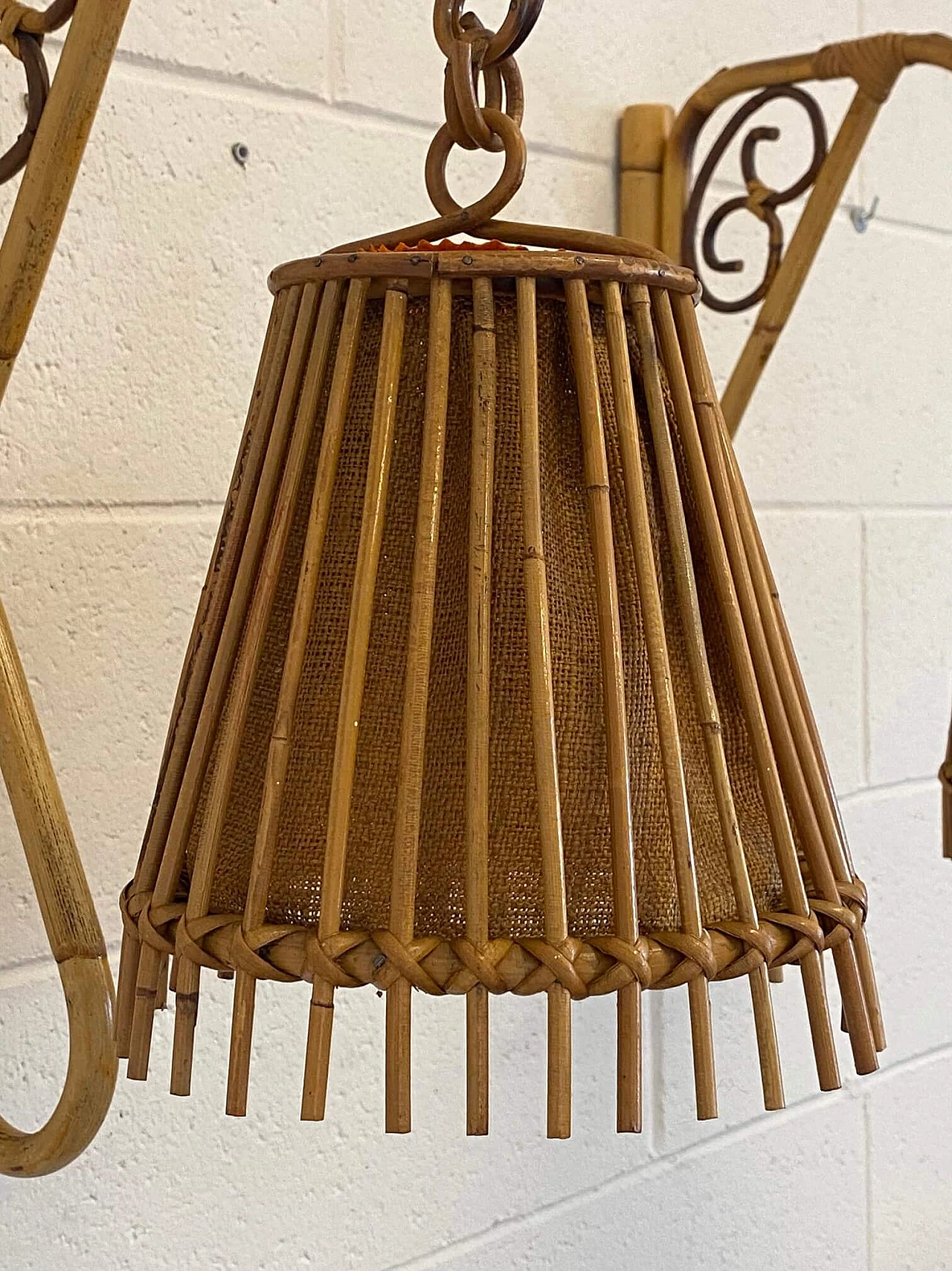 Pair of bamboo and jute wall sconces, 1970s 1