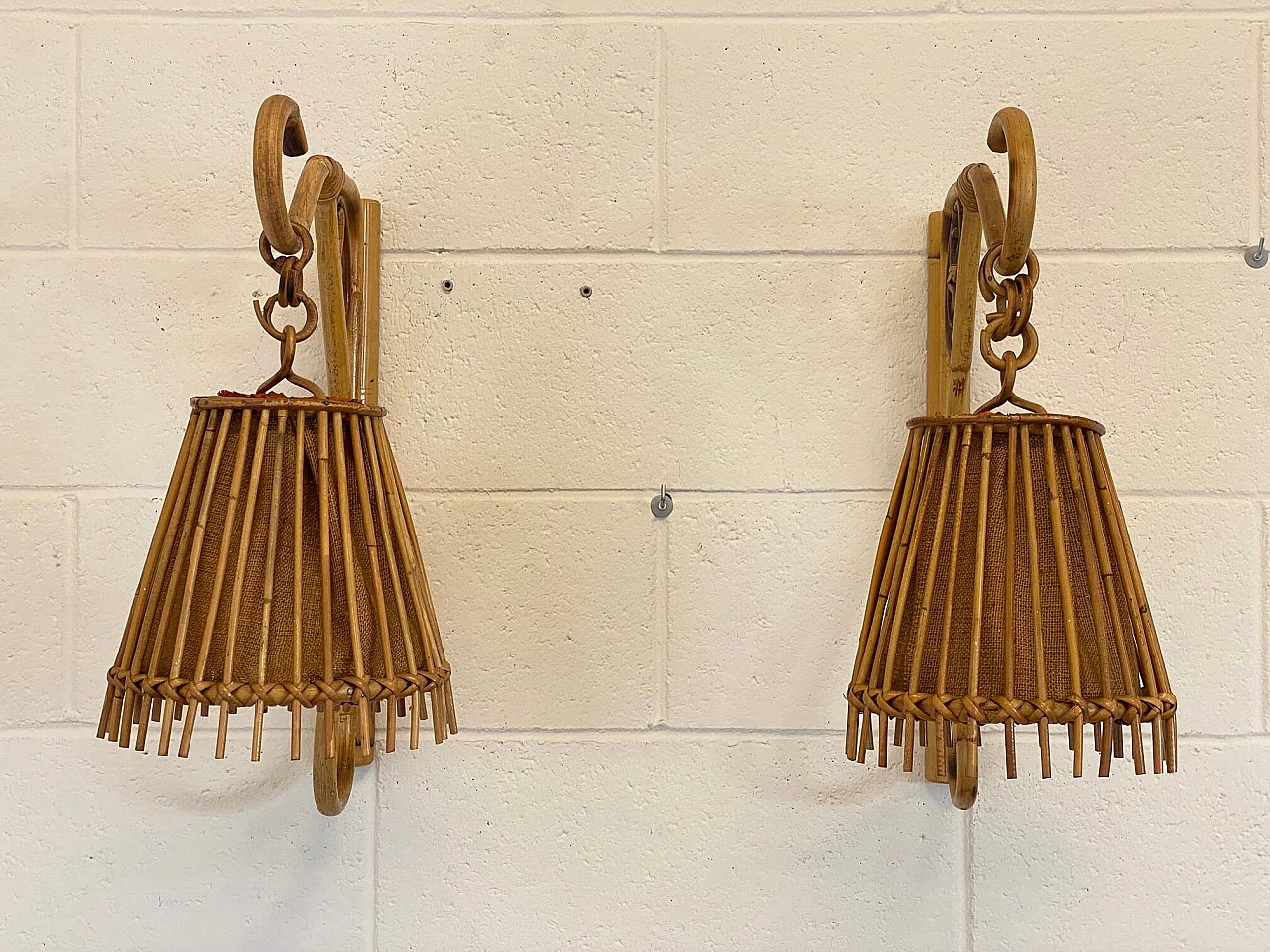 Pair of bamboo and jute wall sconces, 1970s 9