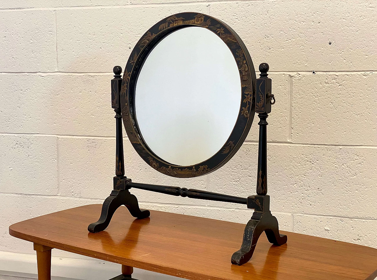 Lacquered wood table mirror decorated in chinoiserie, 1940s 5
