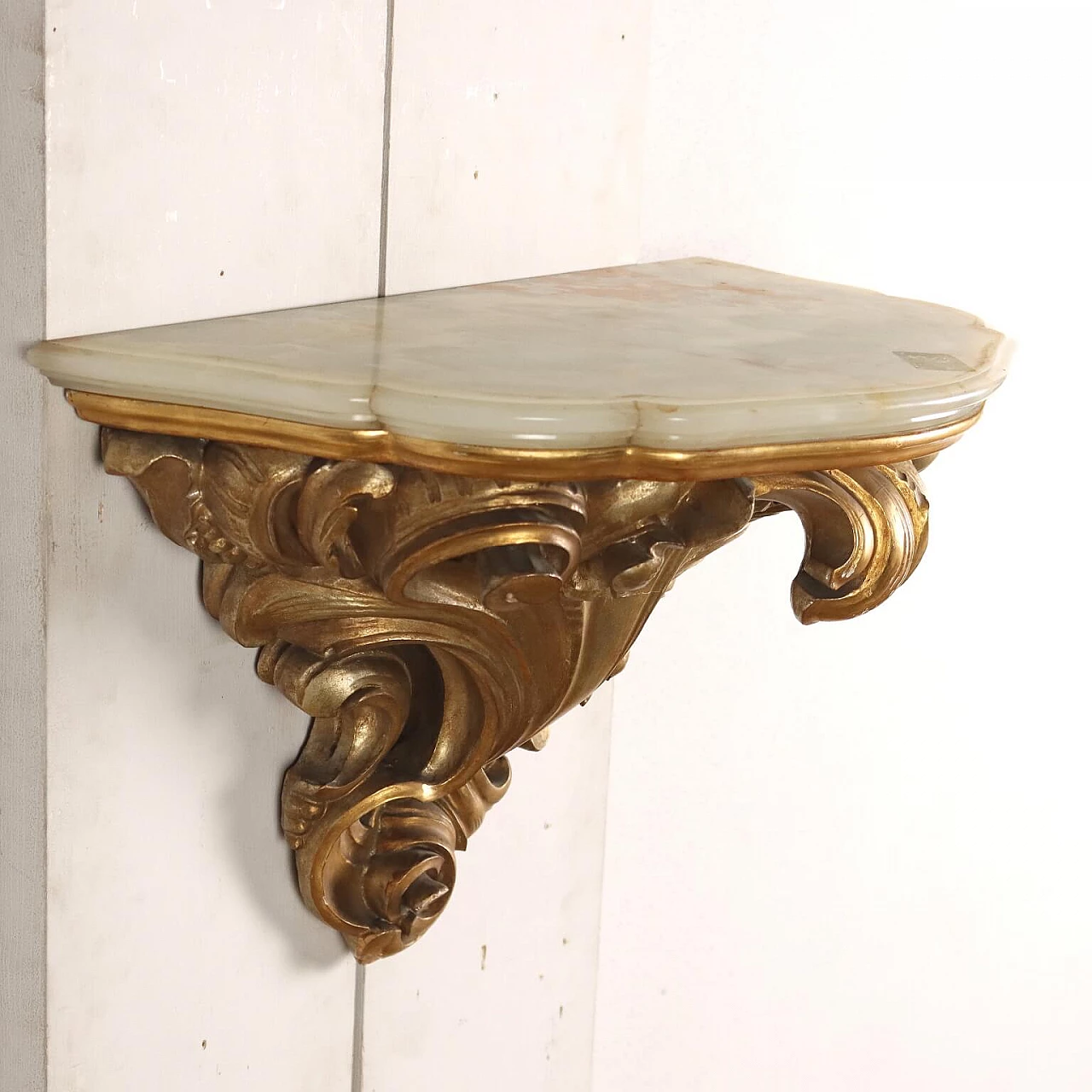 Carved and gilded wood wall console with onyx top 3