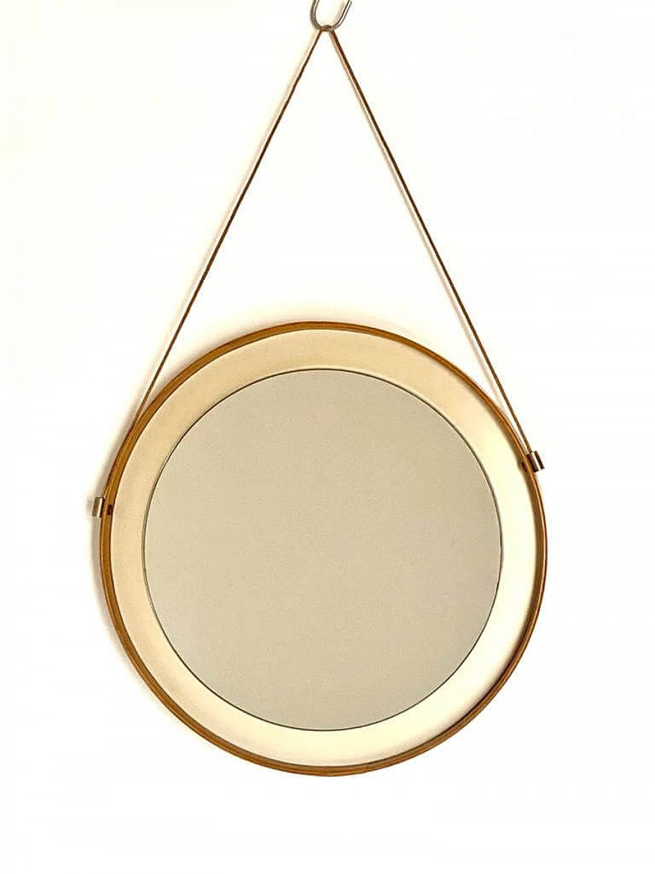 Round mirror with wood and faux leather frame, 1960s 1