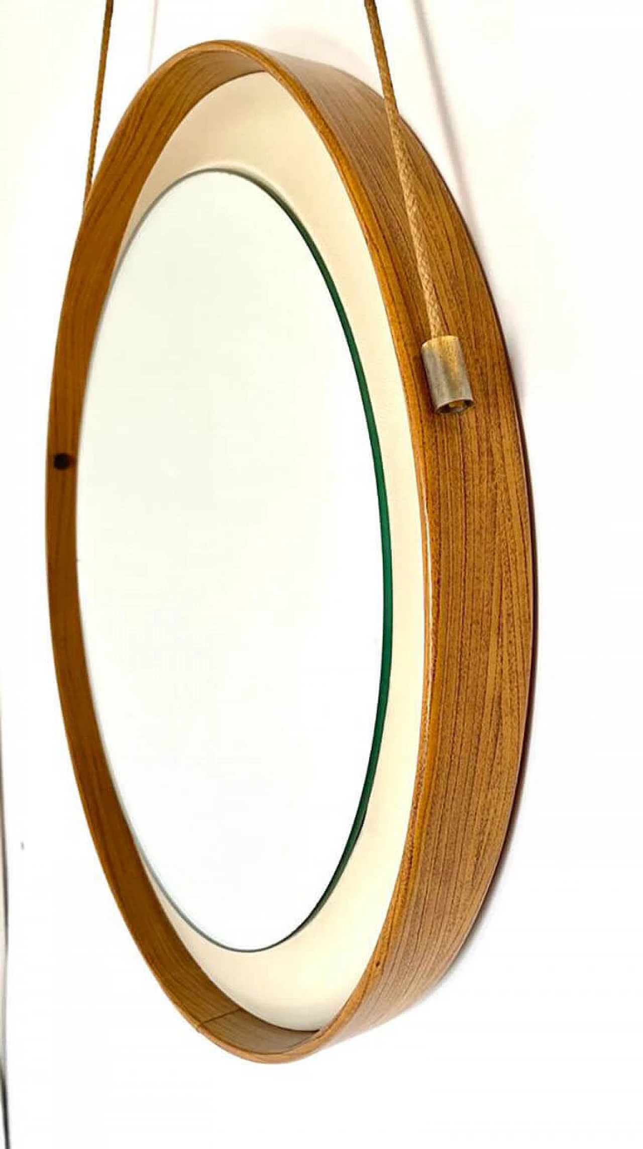 Round mirror with wood and faux leather frame, 1960s 4