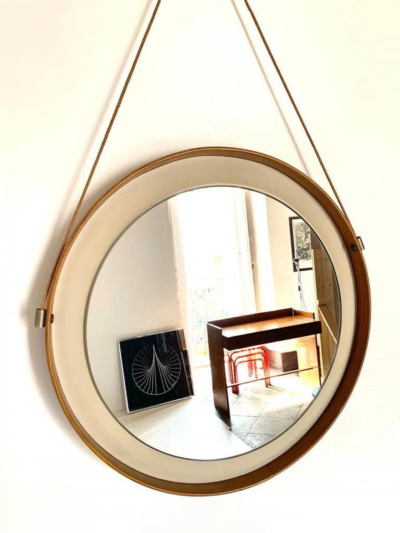 Round mirror with wood and faux leather frame, 1960s 7