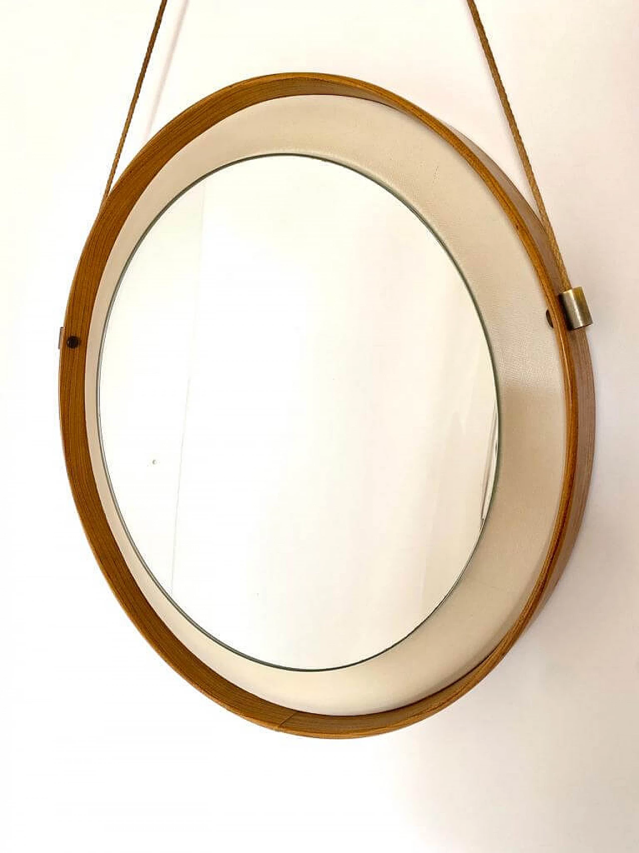 Round mirror with wood and faux leather frame, 1960s 8