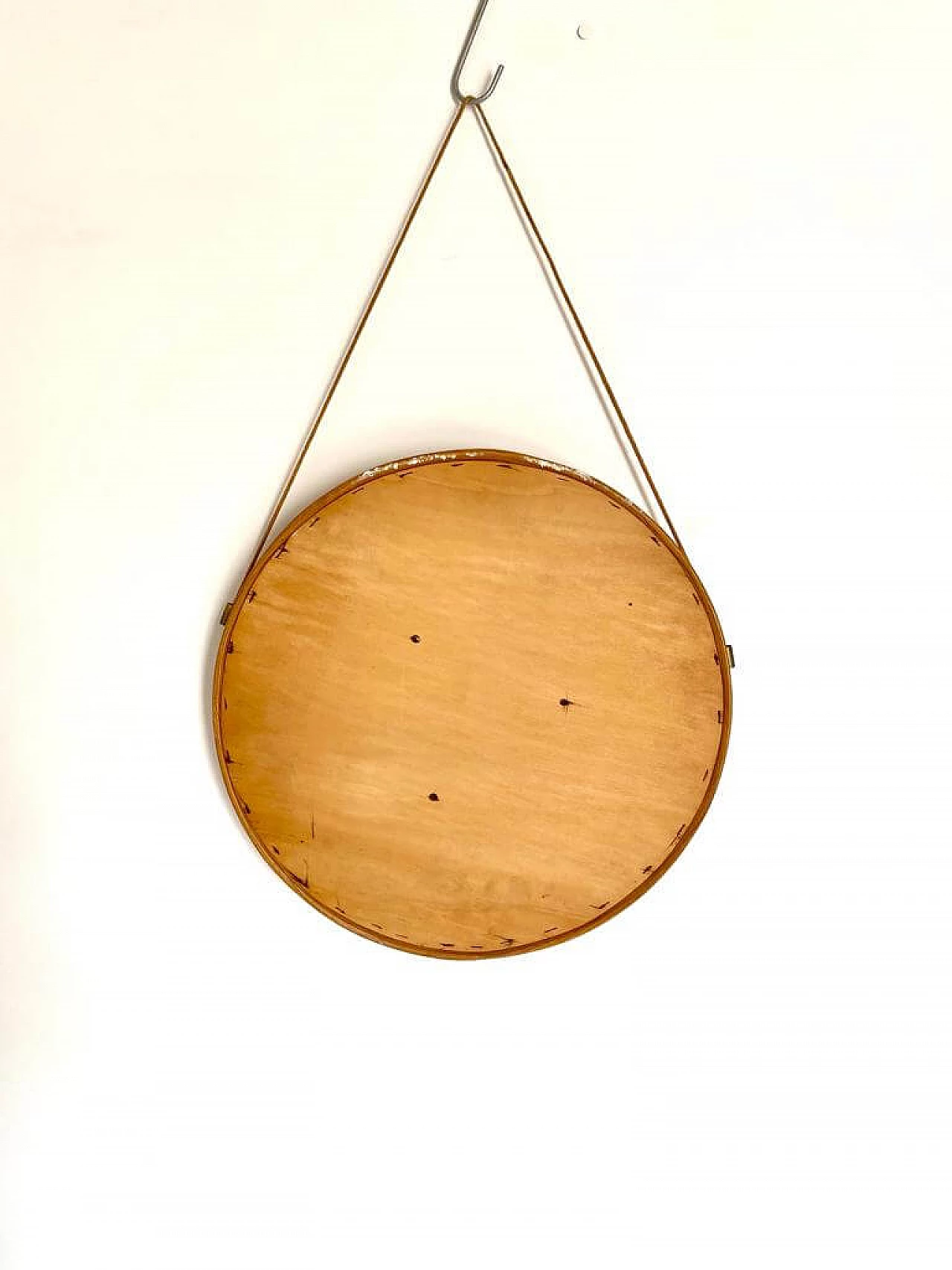 Specchio rotondo con struttura in legno ed ecopelle, anni '60 9