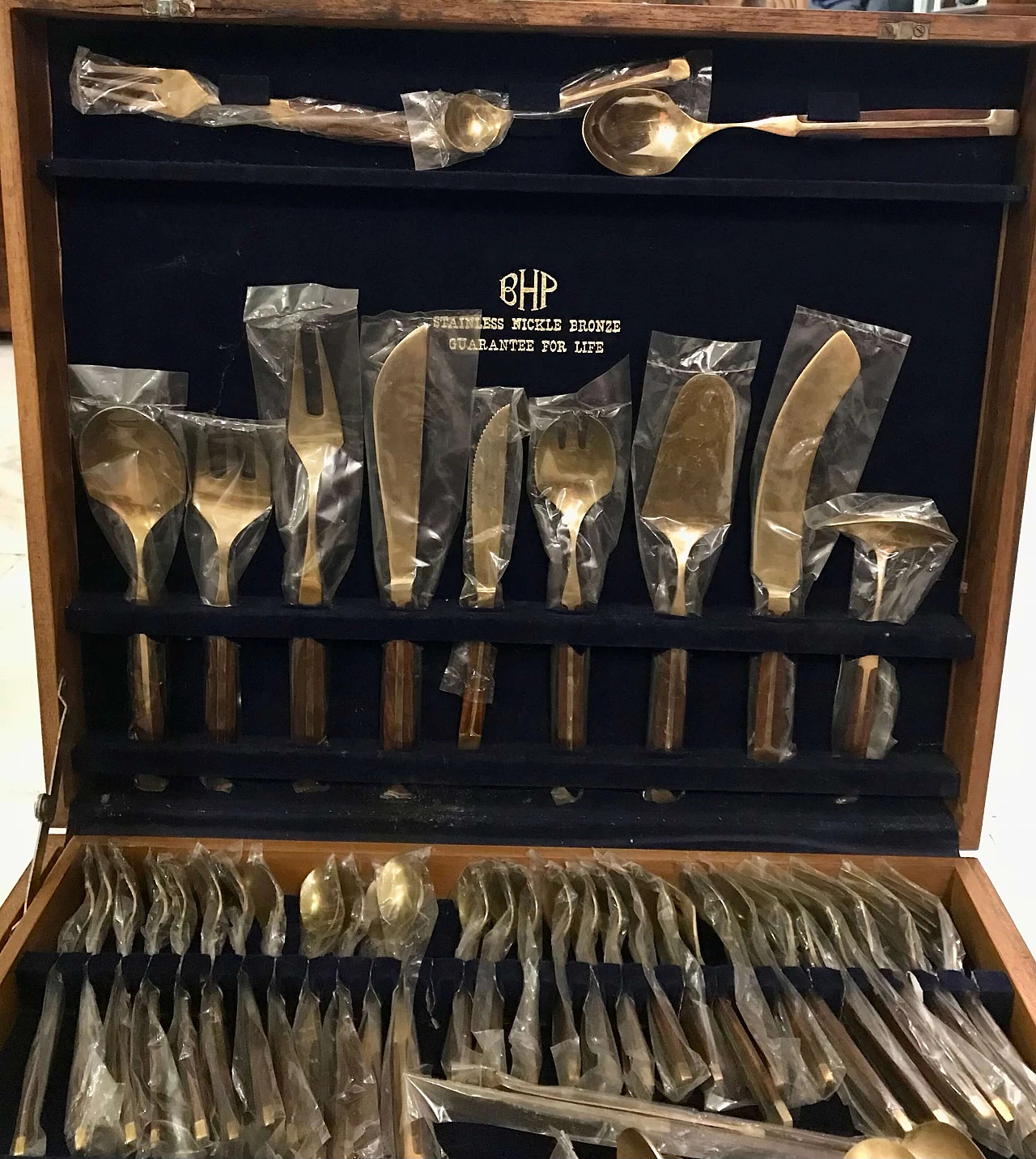 Brass-plated steel and teak cutlery set in wooden case, 1950s 2