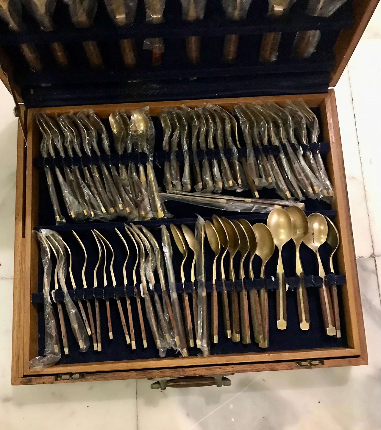 Brass-plated steel and teak cutlery set in wooden case, 1950s 3