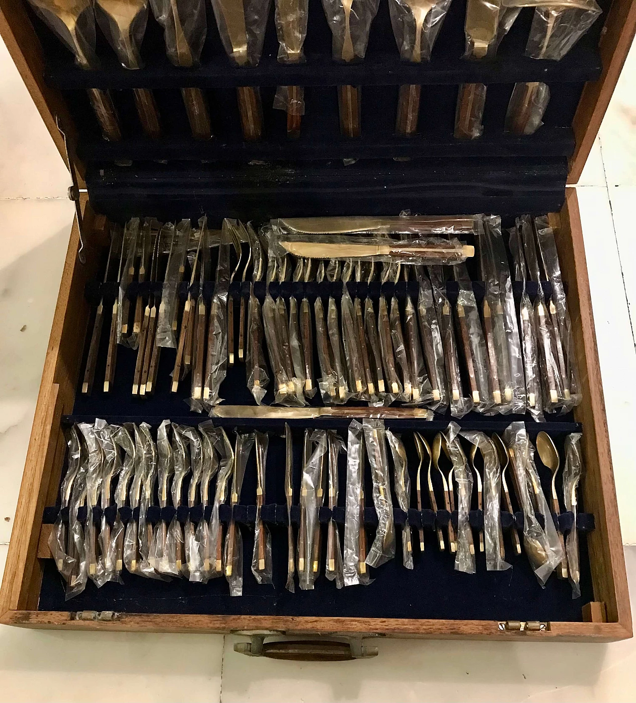 Brass-plated steel and teak cutlery set in wooden case, 1950s 4