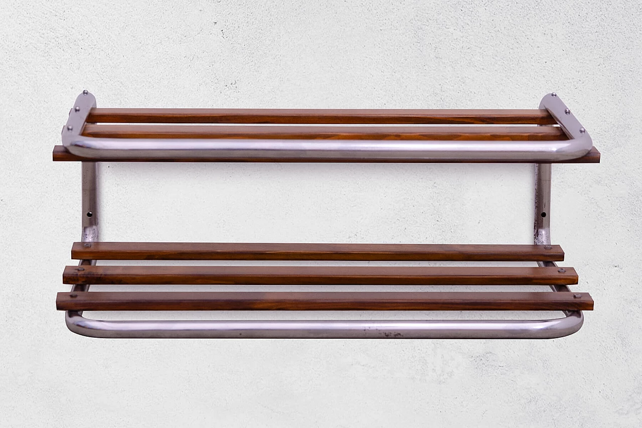 Bauhaus functionalist wall shelf in wood and chrome, 1930s 3
