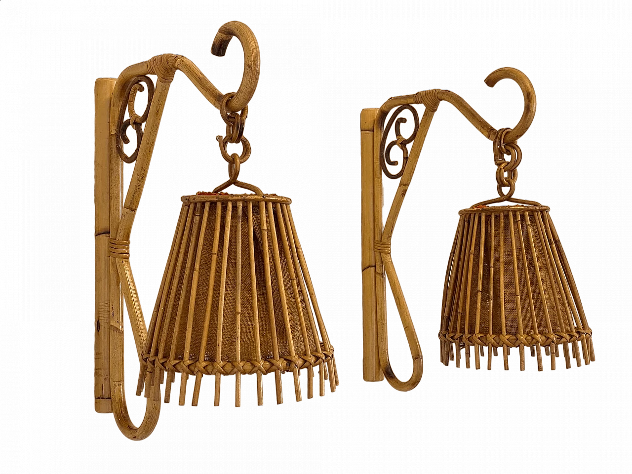 Pair of bamboo and jute wall sconces, 1970s 11