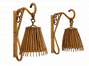 Pair of bamboo and jute wall sconces, 1970s