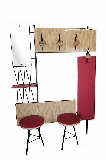 Wall-mounted wooden coat rack with metal frame and pair of stools, 1960s