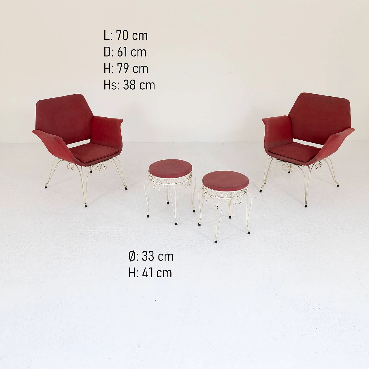 Coppia di poltroncine e pouf in ferro e tessuto, anni '50 2