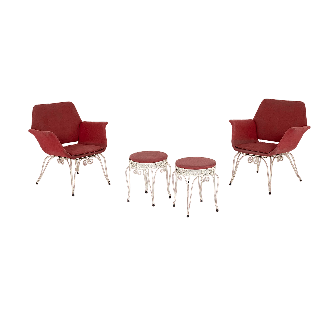 Coppia di poltroncine e pouf in ferro e tessuto, anni '50 10