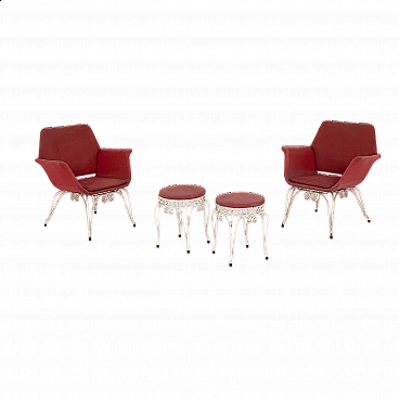 Pair of iron and fabric armchairs and pouf, 1950s