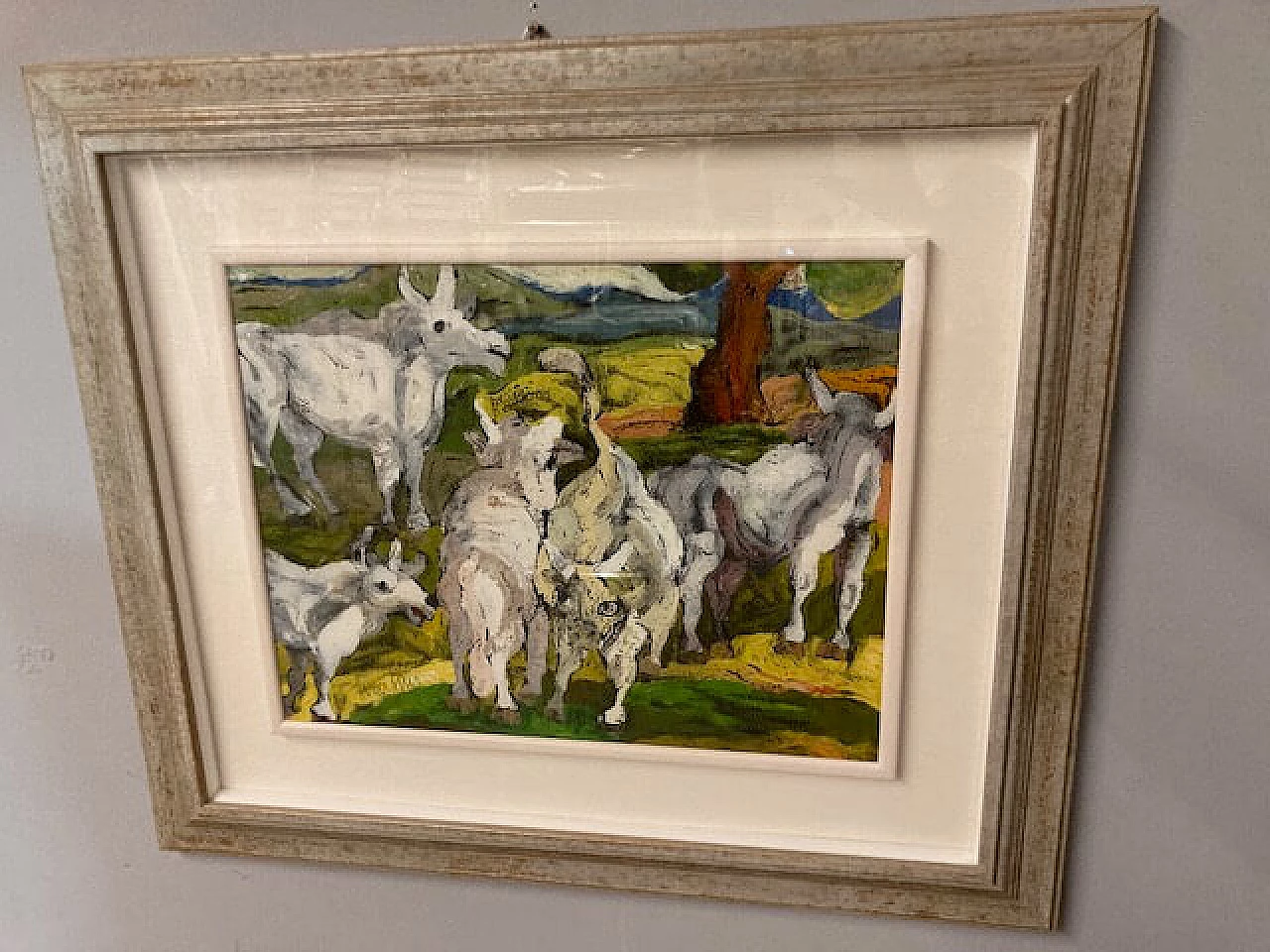 Giuseppe Serafini, Cows and horses in the pasture, oil on hardboard, 2000s 1