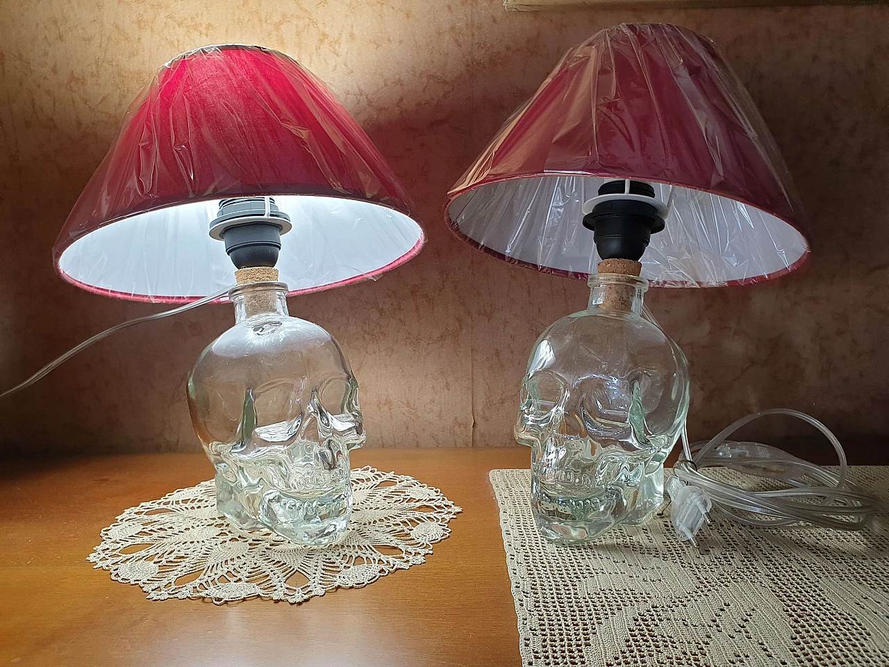 Pair of skull table lamps with Crystal Head Vodka bottle, 2000s 3