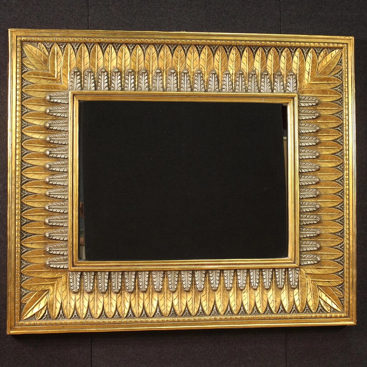 Sculpted, gilded and silver-plated stucco and wood mirror, 1970s 1