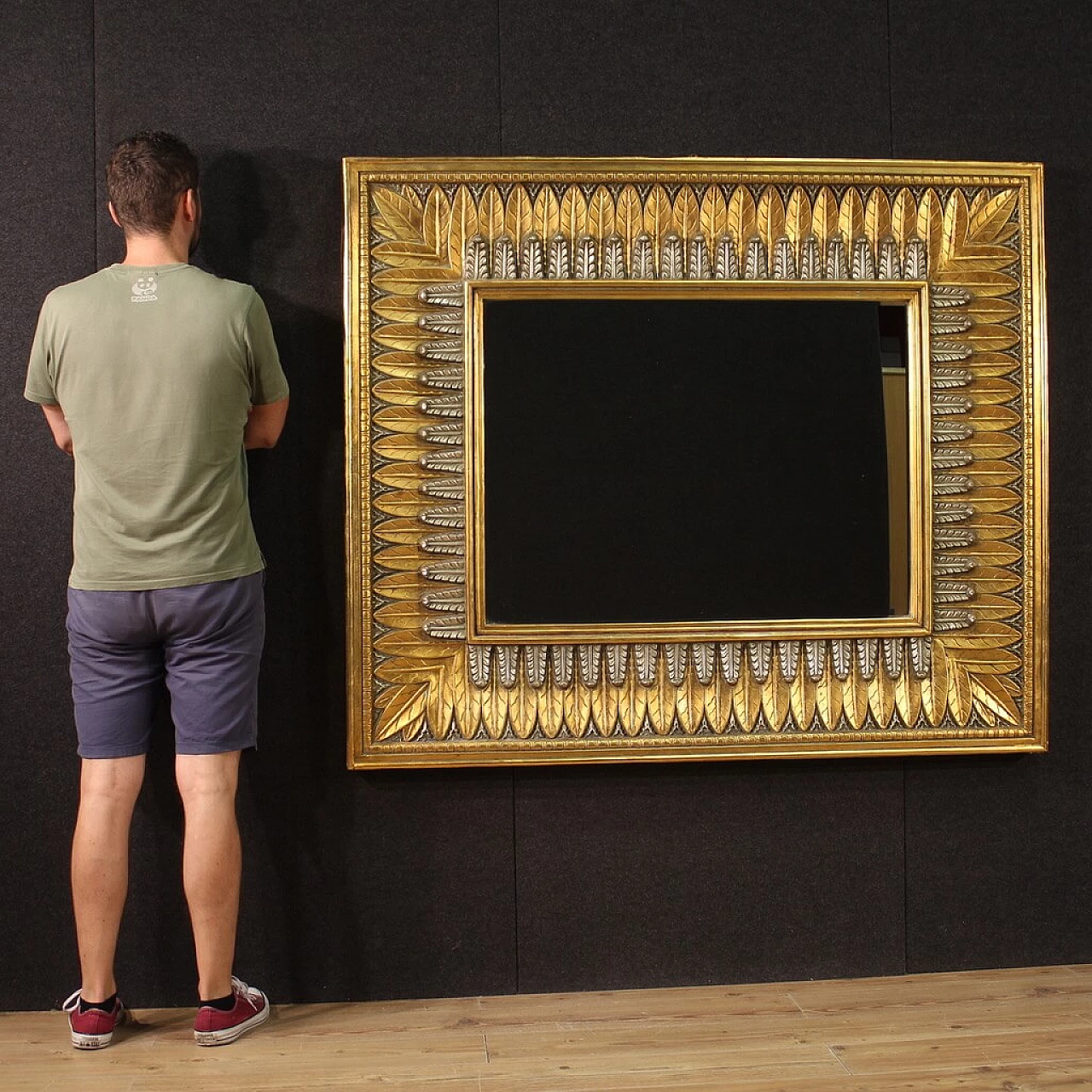 Sculpted, gilded and silver-plated stucco and wood mirror, 1970s 3