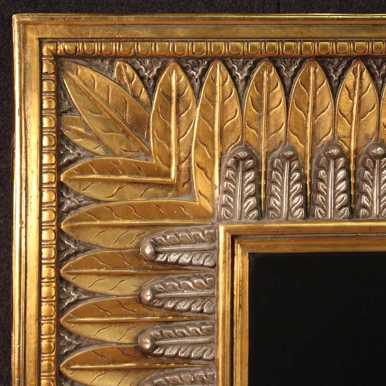 Sculpted, gilded and silver-plated stucco and wood mirror, 1970s 10