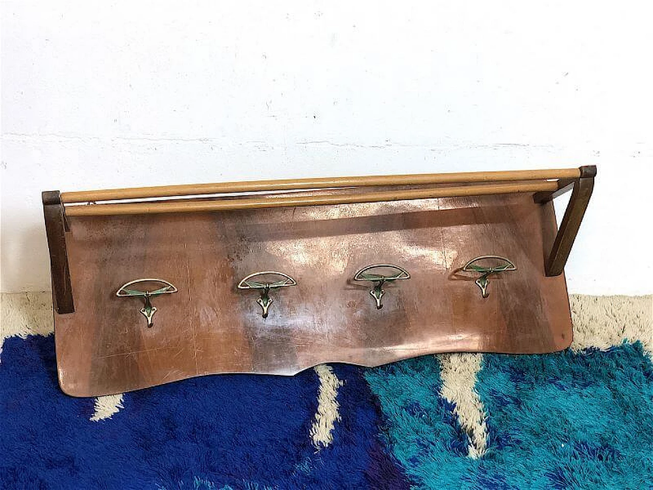 Beech and brass coat rack with hat rack, 1950s 1