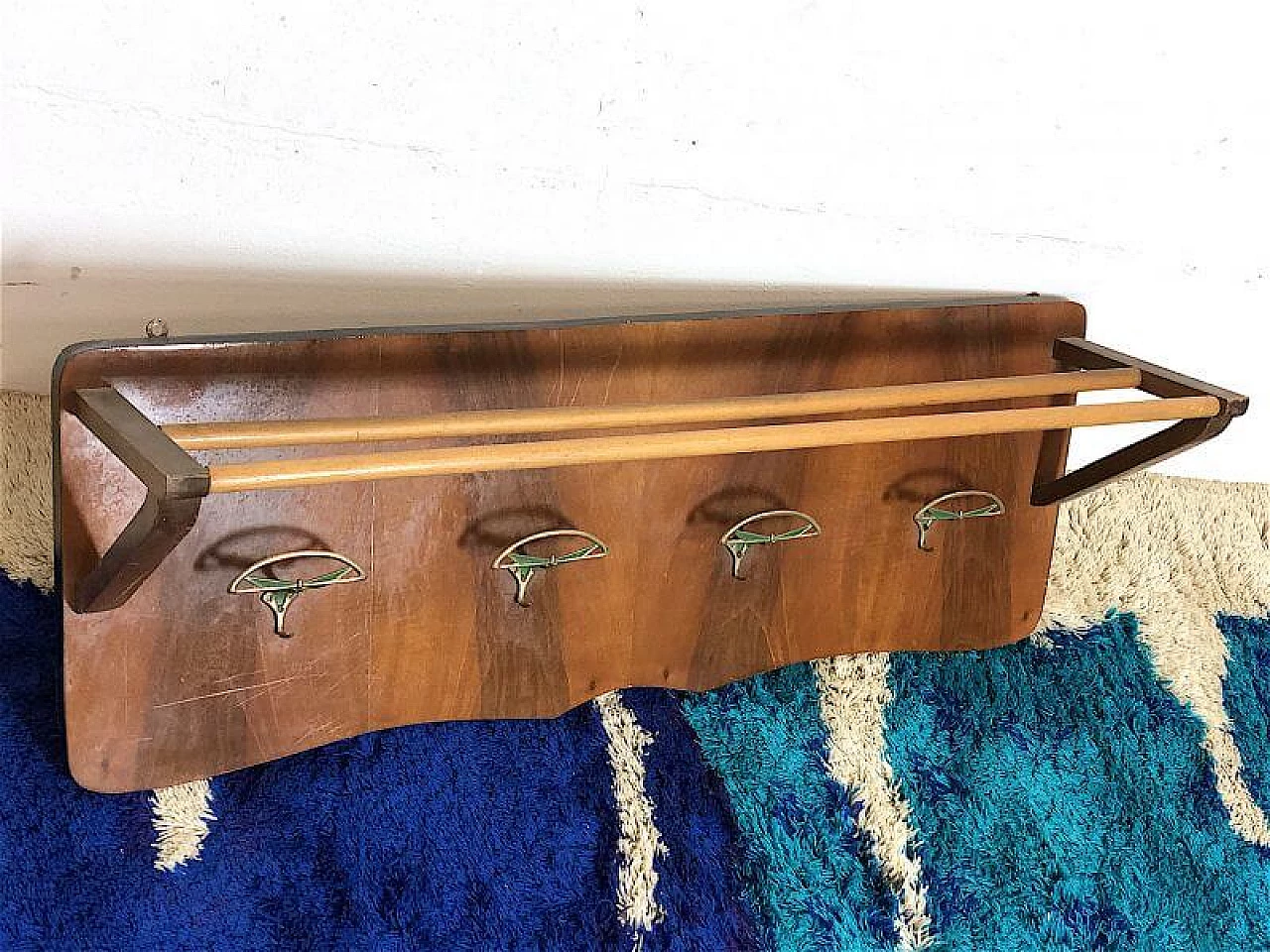Beech and brass coat rack with hat rack, 1950s 2