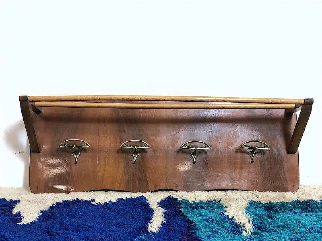 Beech and brass coat rack with hat rack, 1950s 4