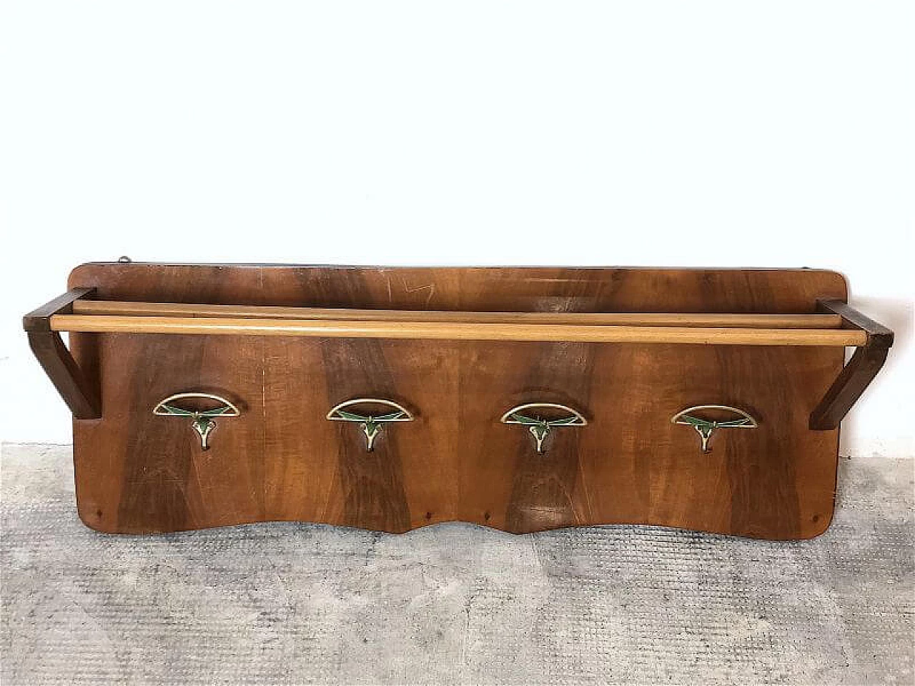 Beech and brass coat rack with hat rack, 1950s 6