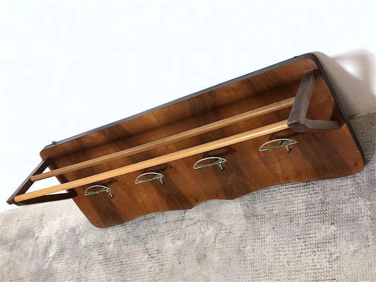 Beech and brass coat rack with hat rack, 1950s 7