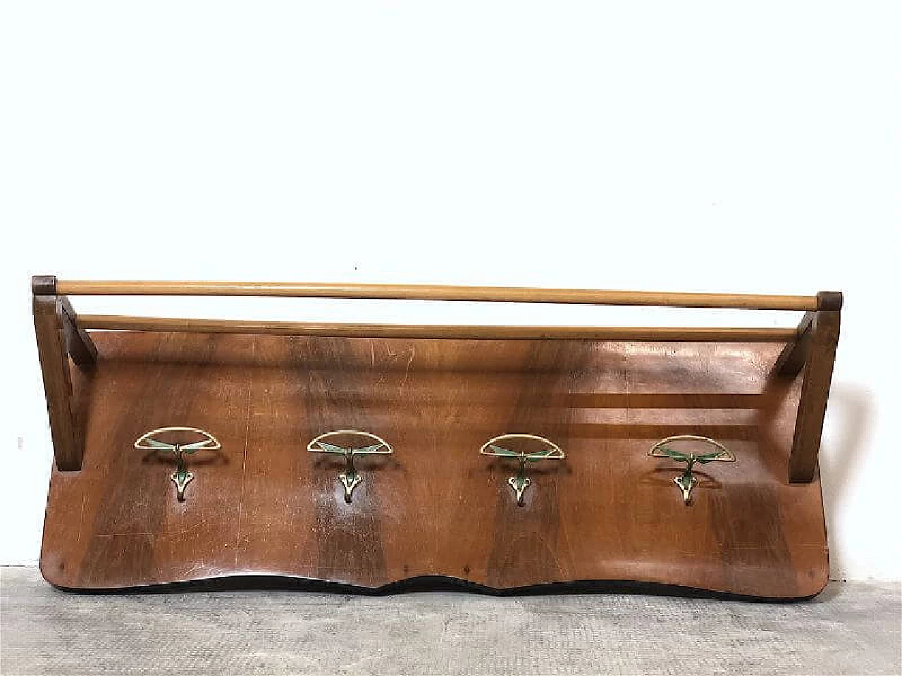 Beech and brass coat rack with hat rack, 1950s 11