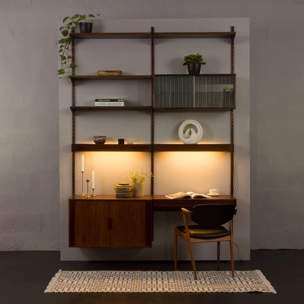 Backlit bookcase with writing desk by Kai Kristiansen for FM Møbler, 1960s 2