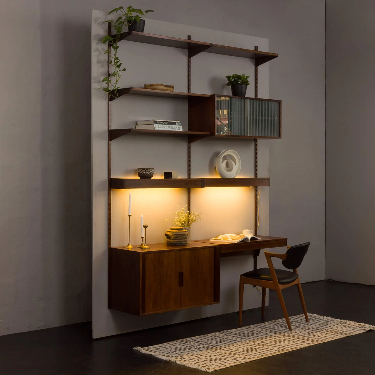 Backlit bookcase with writing desk by Kai Kristiansen for FM Møbler, 1960s 3