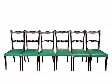 6 Mahogany chairs with green fabric seat, 1960s