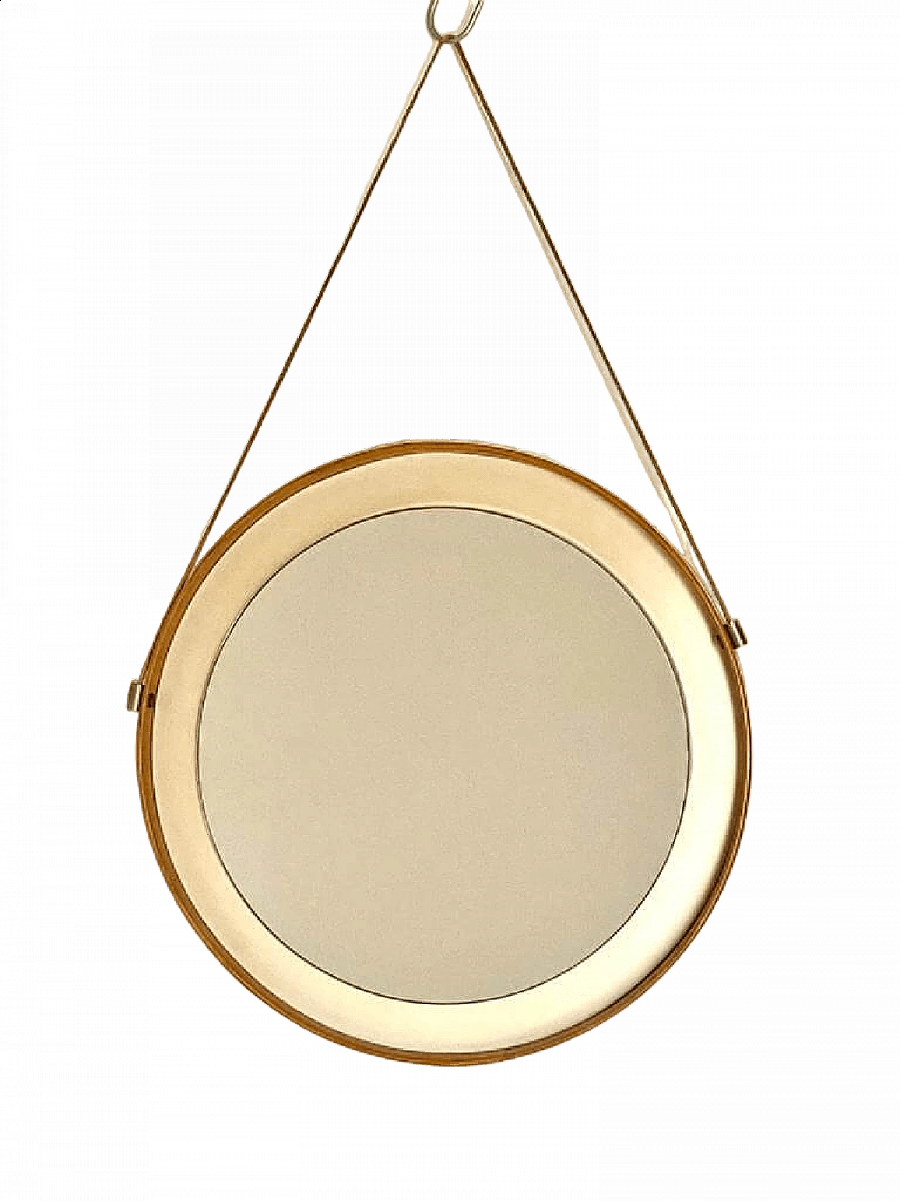 Round mirror with wood and faux leather frame, 1960s 10
