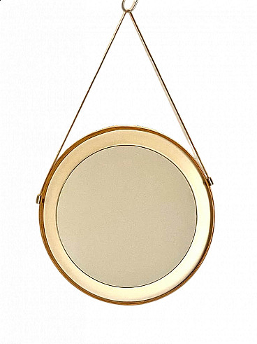 Round mirror with wood and faux leather frame, 1960s